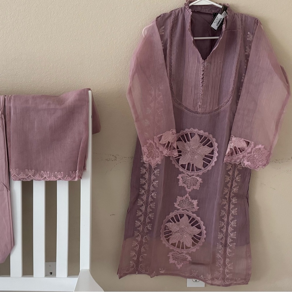 Elegant Sheer Pink Embroidered Dress